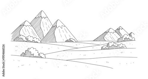 Hand drawn mountain landscape with rolling hills and scattered bushes