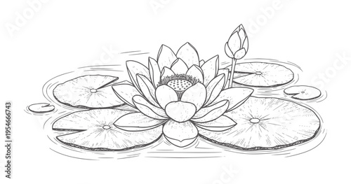 Of a blooming water lily flower and bud lily pads in water lotus
