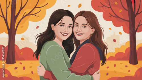 Two smiling women embracing in autumn park with colorful trees and leaves