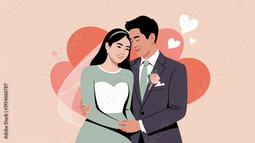 Loving wedding couple embracing with hearts background romantic relationship