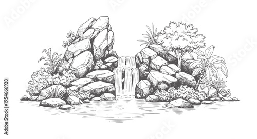Of a cascading waterfall surrounded by rocks and lush vegetation nature