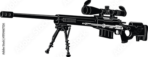 Sniper rifle illustration, firearm artwork design, military weapon vector motif, bold graphic icon, black white tactical symbol