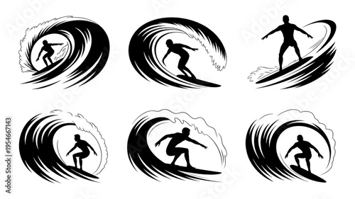 Six illustrations of surfers riding waves in different positions and styles