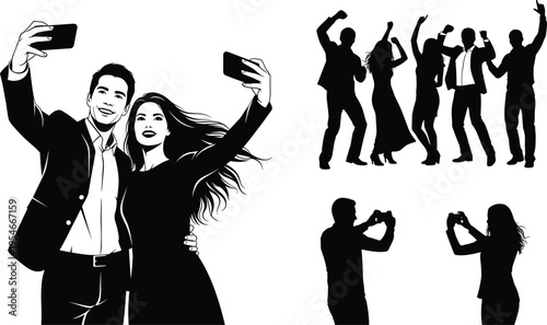 Social activity illustration set, modern lifestyle artwork design, digital culture vector motif, bold graphic icon, black white people symbol