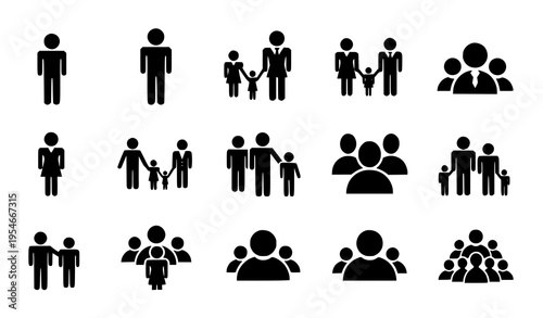 People and Group Icon Set with Individuals, Families, Teams, Community, Social Gathering, and User Avatars for Business, Communication, and Network Design