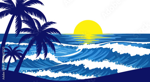 Tropical Sunset Over Blue Ocean Waves with Palm Trees Silhouette