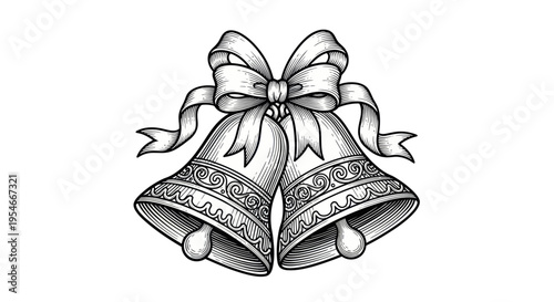 Bild auf Leinwand Vintage Wedding Bells with Ribbon Bow, Hand-Drawn Illustration