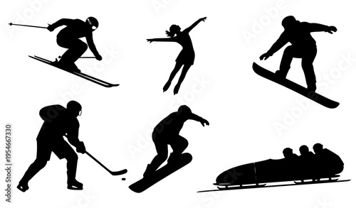 Winter Sports Silhouette Icon Set with Skiing, Snowboarding, Ice Hockey, Figure Skating, and Bobsleigh Activities for Outdoor Recreation and Seasonal Design