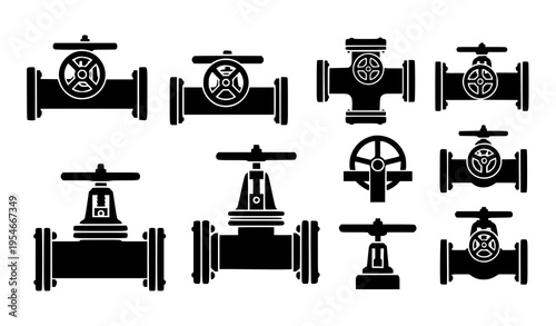 Industrial Valve and Pipeline Icon Set with Pipe Systems, Mechanical Control Valves, Water Flow Regulation Equipment, and Engineering Components for Infrastructure Design