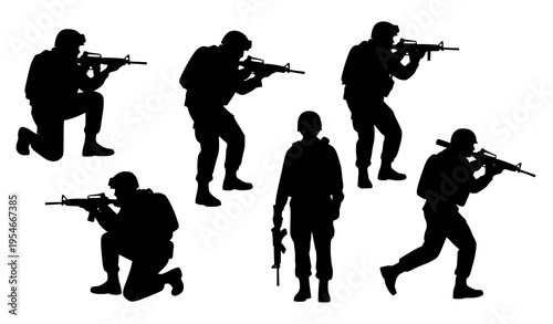 Military Soldier Silhouette Set with Armed Forces Figures in Combat Poses, Tactical Army Personnel Icons, Defense and Warfare Black Vector Collection for Design