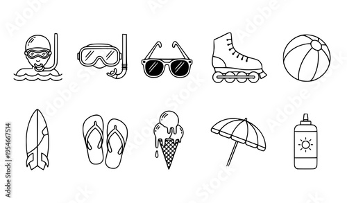 Summer Vacation and Beach Icon Set with Snorkeling Mask, Sunglasses, Ice Cream, Flip Flops, Surfboard, Skates, Umbrella, Ball, and Sunscreen Elements
