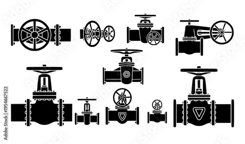 Industrial Valve and Pipeline Icon Set with Water Pipe Systems, Control Valves, Pressure Equipment, and Engineering Components for Plumbing and Infrastructure Design