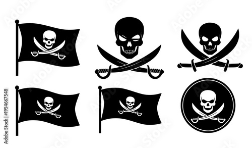 Pirate Skull and Crossed Swords Icon Set with Jolly Roger Flags, Buccaneer Symbols, and Nautical Emblems for Adventure, Maritime, and Vintage Design