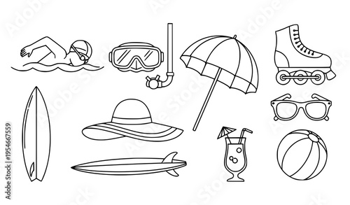 Summer Beach Activity Icon Set with Swimming, Snorkeling Gear, Surfboards, Sunglasses, Umbrella, Hat, Drink, Skates, and Beach Ball for Vacation Design