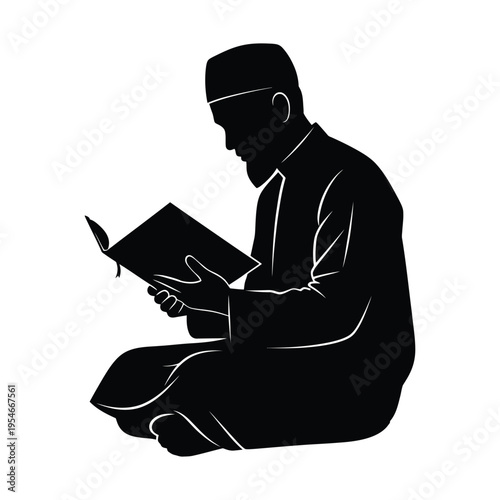 A silhouette illustration of a devout muslim man reading a holy book while sitting on the floor