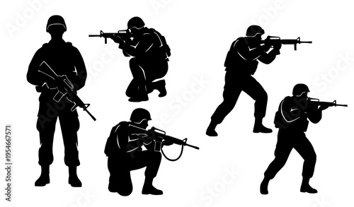 Soldier Silhouette Icon Set with Armed Military Personnel in Standing and Kneeling Shooting Positions for Combat, Defense, Tactical Operations, and Security Design