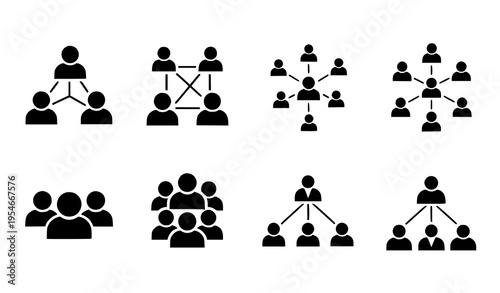 Business Team and Organization Structure Icon Set with People Network, Leadership Hierarchy, Communication Groups, and Collaboration Symbols for Corporate and Management Design