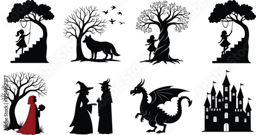 Fairy tale silhouette illustration set, fantasy artwork design, magical vector motif, bold graphic icon, black white enchanted symbol
