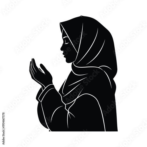 A black and white silhouette illustration of a young muslim woman praying with hands held upward