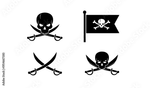 Pirate Skull and Crossed Swords Icon Set with Jolly Roger Flag, Buccaneer Symbols, and Nautical Emblems for Adventure, Gaming, and Maritime Design Use