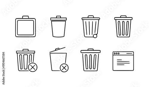 Trash Bin and Delete Icon Set with Garbage Containers, Remove Symbols, Recycle Concepts, and UI Interface Elements for Waste Management and Digital Applications