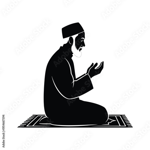 A black silhouette of a bearded muslim man sitting on a rug and praying with his hands held up