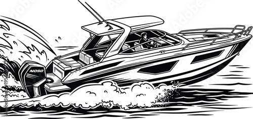 Motorboat illustration, nautical artwork design, speedboat vector motif, bold graphic icon, black white water transport symbol