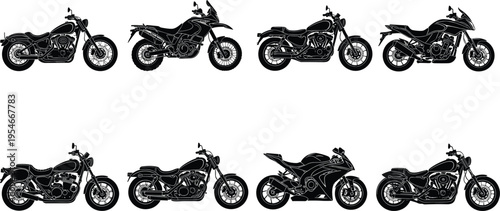 Motorcycle silhouette illustration set, automotive artwork design, bike vector motif, bold graphic icon, black white transport symbol