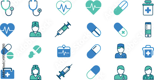 Set of 20 medical icons vector, blue and green color scheme