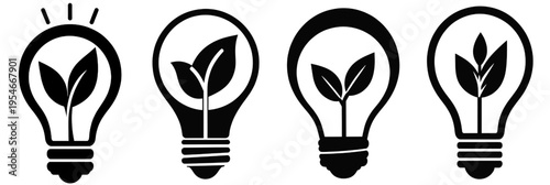 Collection of light bulb icons with leaves symbolizing eco-friendly ideas and renewable energy. Clean minimal vector set ideal for sustainability, innovation, and green business design.