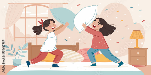 A fun cartoon illustration of two girls doing pillow war. Cute and girly vector illustration for books and any design needs
