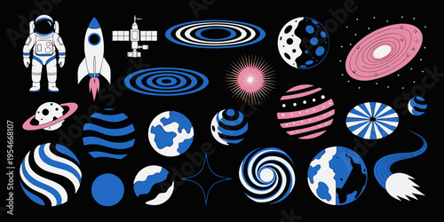 A set of space and planet icon collection featuring satellite, planets, galaxy and more, perfect for stickers and any design needs