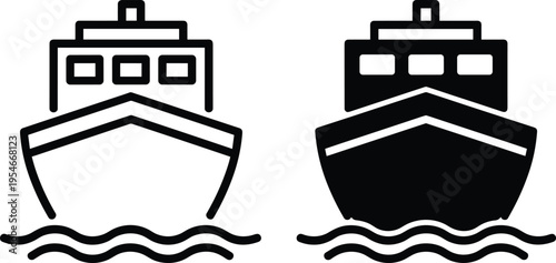 Cargo ship icon set with outline and solid styles, minimalist vector illustration isolated on light background, maritime transport symbol for shipping, logistics, delivery and sea freight