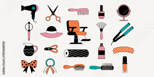 Cute flat vector beauty care icon collection featuring a colorful set of nail polish bottles with brush tools and cosmetic icons for salon design