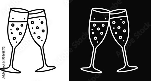Champagne glasses clinking icons in black and white design, showing outlined and inverted styles, symbolizing toast, celebration, festivity, and party events for creative projects.