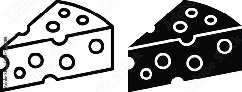 Cheese wedge icons in black and white design, showing outlined and solid styles with holes, symbolizing dairy, food, nutrition, and culinary elements for creative projects.