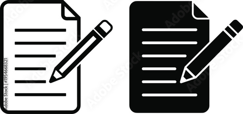 Document editing icon set with outline and solid styles, minimalist vector illustration isolated on light background, writing symbol for note, file, content creation and office work