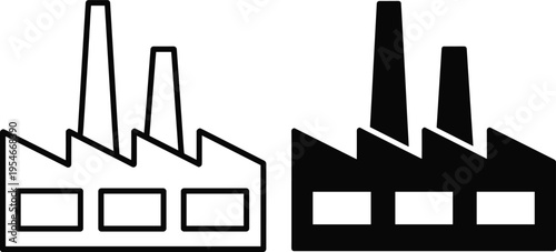 Factory building icons in black and white design, showing outlined and solid styles, symbolizing industry, manufacturing, production, and infrastructure for business and environmental projects.