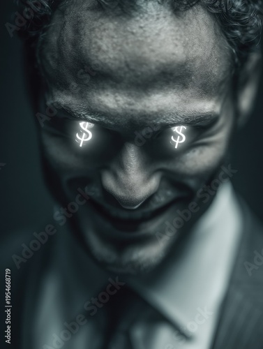 Man with dollar signs in eyes grinning menacingly