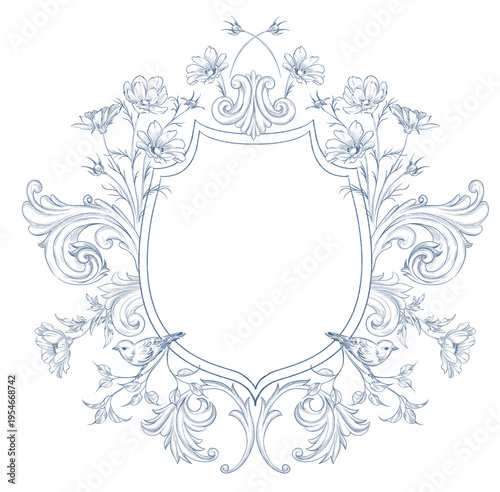 Line art vintage floral crest, blue toile de jouy victorian baroque flowers frame