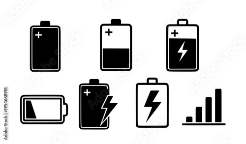 Battery Charging and Power Level Icon Set with Energy Indicators, Low and Full Status Symbols, Lightning Signs, and Usage Graph for Technology UI Design