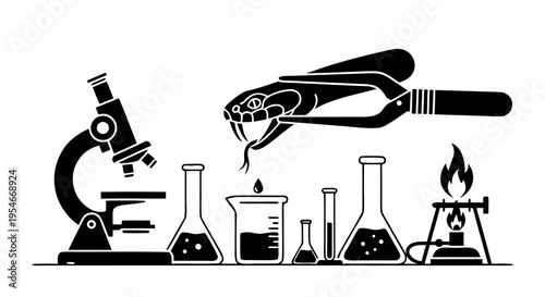 A vector set of black and white icons featuring laboratory glassware like beakers, flasks, and test tubes isolated for chemistry research and medical science experiments