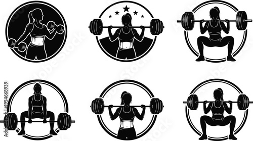 Weightlifting exercise illustration set, fitness artwork design, strength training vector motif, bold graphic icon, black white gym symbol
