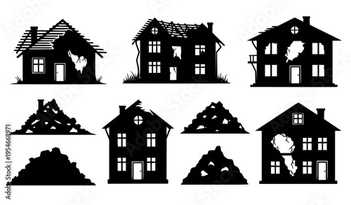 Damaged House and Debris Icon Set with Destroyed Buildings, Collapsed Structures, and Rubble Piles for Disaster, Insurance, Emergency Response, and Reconstruction Design