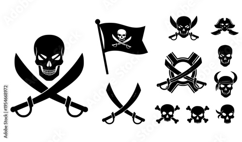 Pirate Skull and Crossed Swords Icon Set with Jolly Roger Flag, Buccaneer Emblems, and Vintage Nautical Symbols for Adventure, Gaming, and Maritime Design