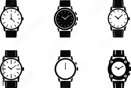 Wristwatch illustration set, timepiece artwork design, fashion vector motif, bold graphic icon, black white watch symbol