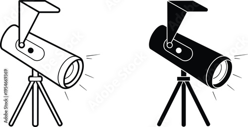 Telescope icons in black and white design, showing outlined and solid styles with light beams, symbolizing astronomy, stargazing, science, and exploration for creative projects.