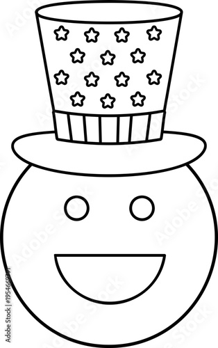 Emoji wearing an Uncle Sam hat  coloring page and template.
July 4th emoji outline vector clipart for kids. 
