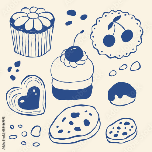 Blue line art shows sweet treats like cupcakes, cookies, and cherries. Style is simple, hand-drawn, and playful. Perfect for bakery menus, kids' designs, or dessert-themed projects