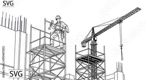 Construction worker on scaffolding with crane, blueprint style illustration